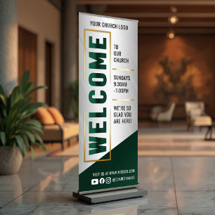 Green & Gold Welcome To Our Church Sunday Service Retractable Banner