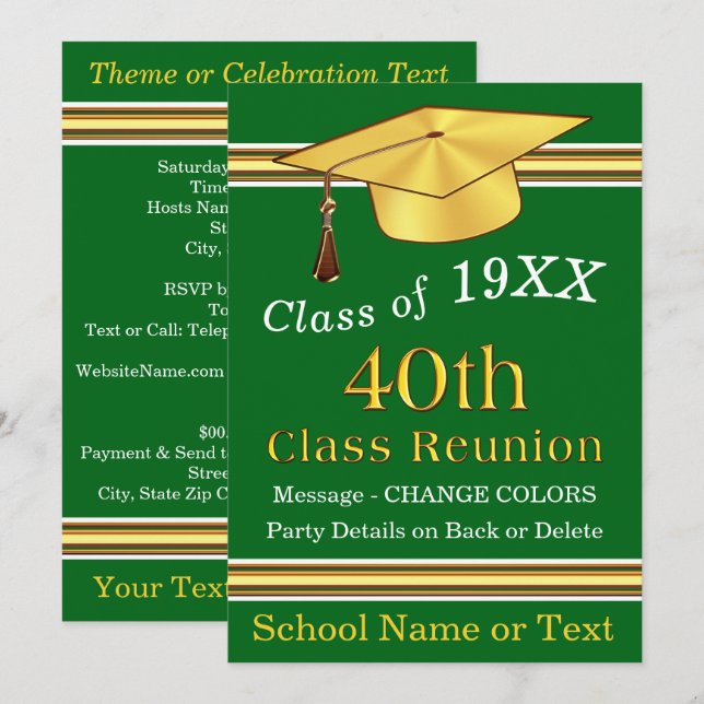 Green, Gold, White, 40th Class Reunion Invitations (Front/Back)
