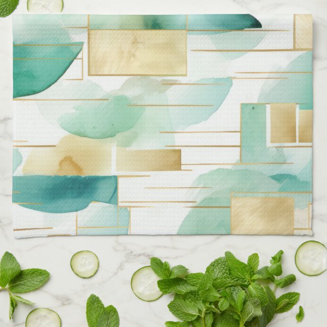 Green Gold White Abstract Kitchen Towel (Folded)