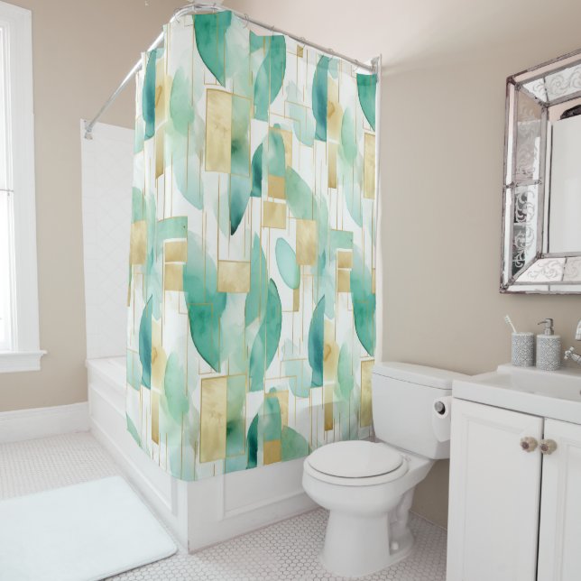 Green Gold White Abstract Shower Curtain (In Situ)