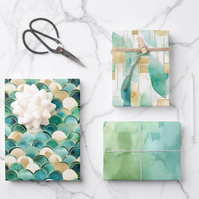 Green Gold White Abstract Wrapping Paper Sheets (Front)