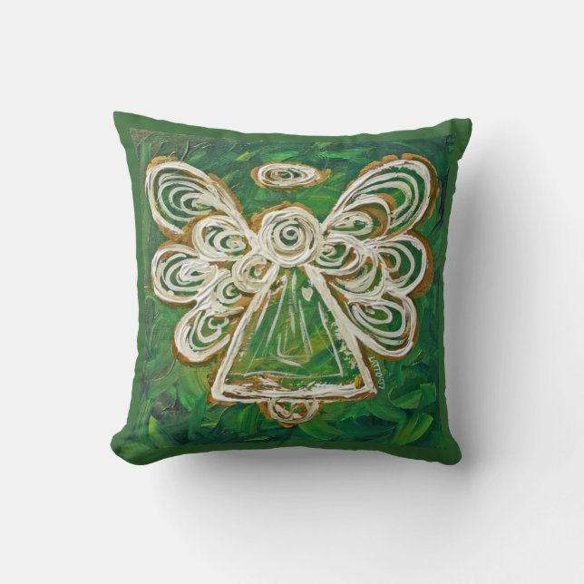 Green, Gold, White Angel Decorative Throw Pillow (Front)