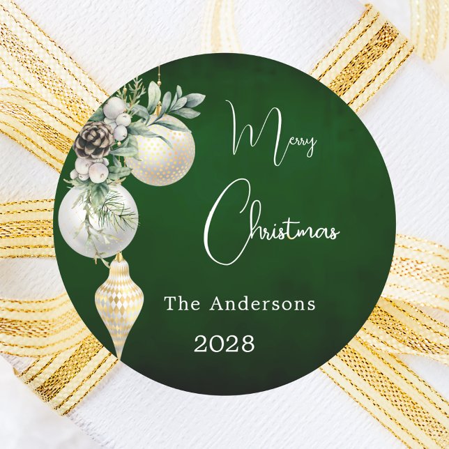 Green gold white baubles Christmas Classic Round Sticker (Creator Uploaded)