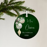 Green gold white baubles Christmas Metal Ornament<br><div class="desc">A rustic green uneven colored background. Decorated with white and gold baubles and some greenery and a pine cone.  Personalize and add your name,  year.  Text: Merry Christmas</div>