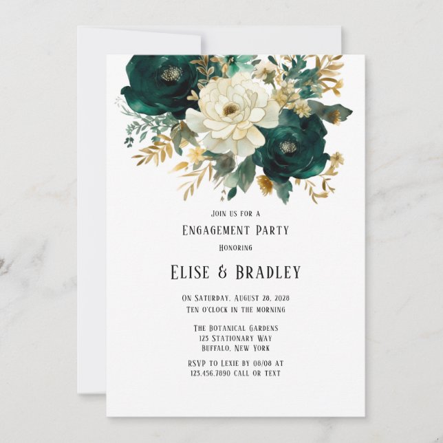 Green Gold White Botanical Floral Engagement Party Invitation (Front)