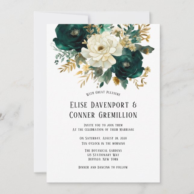 Green Gold White Botanical Floral Wedding Invitation (Front)