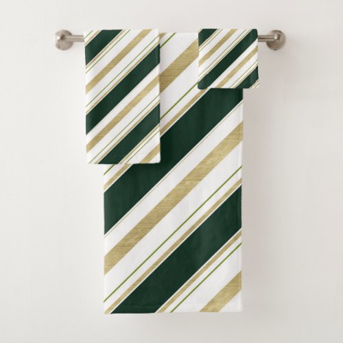 Green Gold White Diagonal Stripes Striped Pattern Bath Towel Set