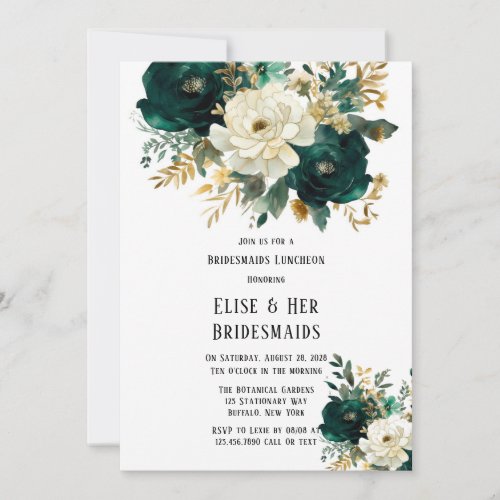 Green Gold White Floral Bridesmaids Luncheon Invitation