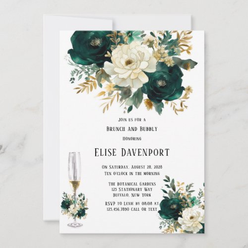 Green Gold White Floral Brunch and Bubbly Invitation