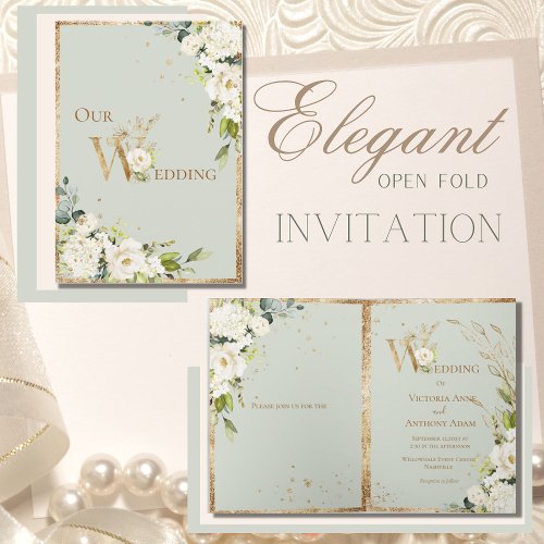 Green Gold White Floral Elegant Wedding Invitation