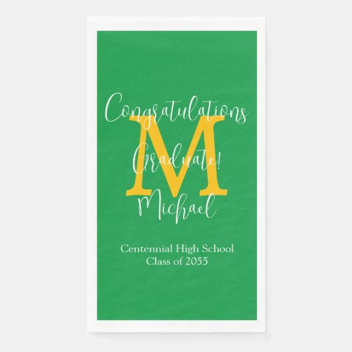 Green Gold White Graduation Party Name Monogram  Paper Guest Towels