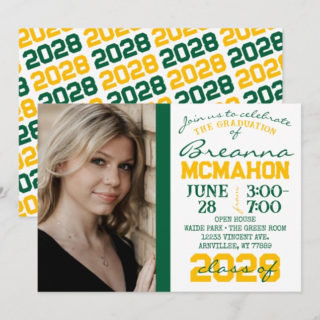 Green, Gold & White Graduation Photo Invitation (Front/Back)