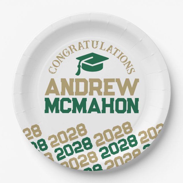 Green Gold White Half Repeat Grad Personalized Paper Plates (Front)
