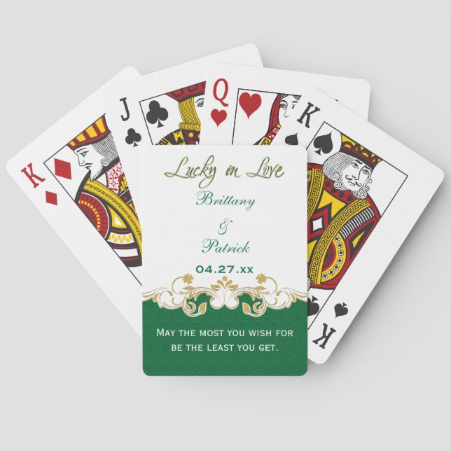 Green Gold White Irish Wedding Playing Cards (Back)