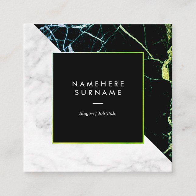 Green Gold & White Marble Square Business Card (Front)