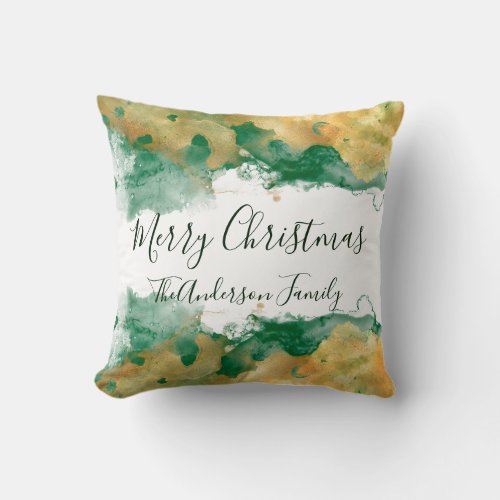 Green Gold White Monogram Merry Christmas Throw Pillow