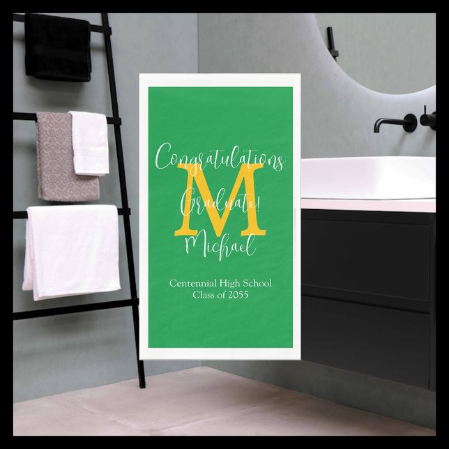 Green Gold White Monogrammed Graduation Grad Party Paper Guest Towels (Creator Uploaded)