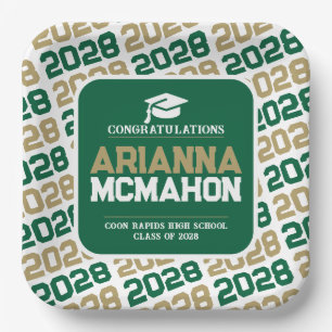 Green, Gold & White Personalized Graduation Pape Paper Plates