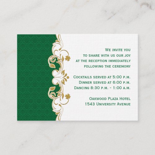 Green, Gold, White Scroll Reception Enclosure Card Business Card