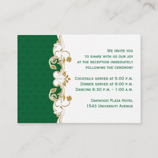 Customizable Green, Gold, White Scroll Reception Enclosure Card Business Card
