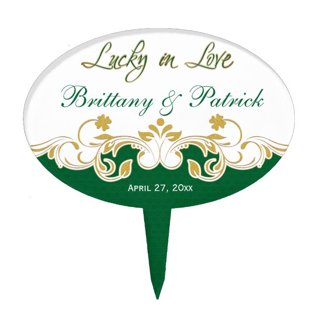 Green Gold White Scrolled Wedding Cake Pick (Front)