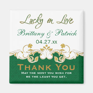Green Gold White scrolled Wedding Favor Magnet