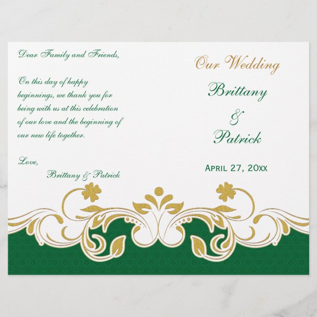 Green Gold White Scrolled Wedding Program COVER (Front)