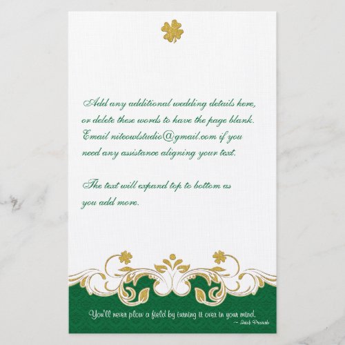 Green Gold White Scrolls Shamrocks Stationery