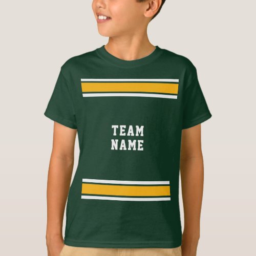 Green Gold White Sports Jersey Team Name Kids T_Shirt