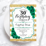 Green Gold & White Stripes Floral 30th Birthday Invitation<br><div class="desc">30th Birthday Party Invitation. Elegant floral emerald green design with roses. Features faux glitter gold and white stripes and script font. Perfect for a stylish womens bday celebration. Can be customised for any age! Printed Zazzle invitations or instant download digital printable template.</div>