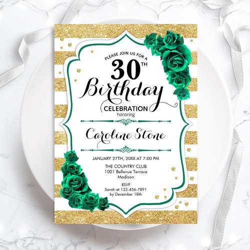 Green Gold  White Stripes Floral 30th Birthday Invitation