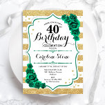 Green Gold White Stripes Floral 40th Birthday Invitation<br><div class="desc">40th Birthday Party Invitation. Elegant floral emerald green design with roses. Features faux glitter gold and white stripes and script font. Perfect for a stylish womens bday celebration. Can be customised for any age! Printed Zazzle invitations or instant download digital printable template.</div>