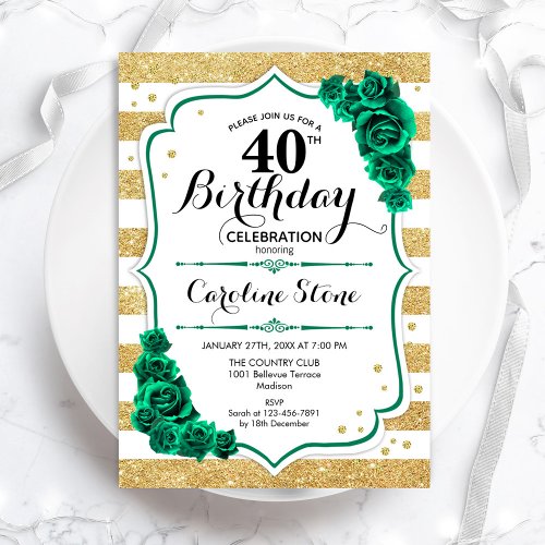 Green Gold White Stripes Floral 40th Birthday Invitation