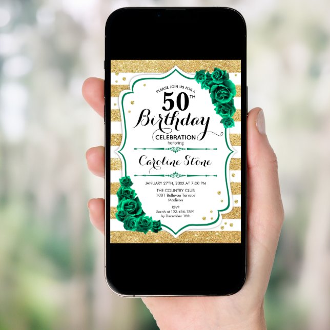 Green Gold White Stripes Floral 50th Birthday Invitation (Front Digital)