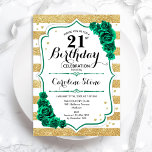 Green Gold White Stripes Roses 21st Birthday Invitation<br><div class="desc">21st Birthday Party Invitation. Elegant floral emerald green design with roses. Features faux glitter gold and white stripes and script font. Perfect for a stylish womens bday celebration. Can be customised for any age! Printed Zazzle invitations or instant download digital printable template.</div>