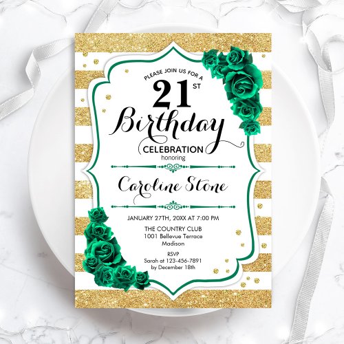 Green Gold White Stripes Roses 21st Birthday Invitation