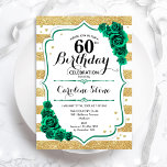 Green Gold White Stripes Roses 60th Birthday Invitation<br><div class="desc">60th Birthday Party Invitation. Elegant floral emerald green design with roses. Features faux glitter gold and white stripes and script font. Perfect for a stylish womens bday celebration. Can be customised for any age! Printed Zazzle invitations or instant download digital printable template.</div>