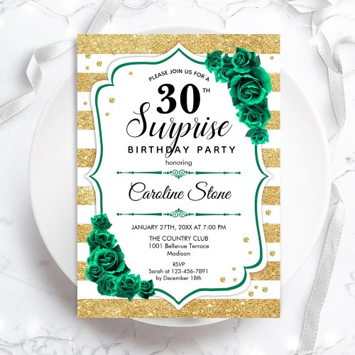 Green Gold White Surprise 30th Birthday Invitation