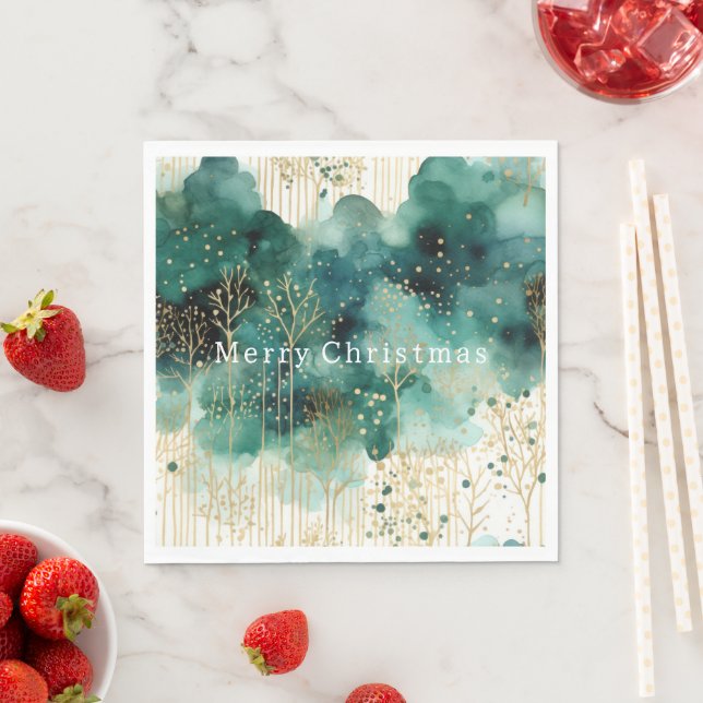 Green  Gold White Trees Christmas Napkins (Insitu)