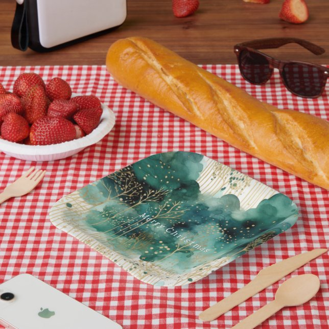 Green  Gold White Trees Christmas Paper Plates (Picnic)