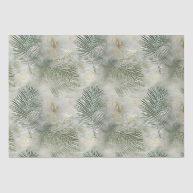 Green Gold White Tropical Leaves Tissue Paper (Front)
