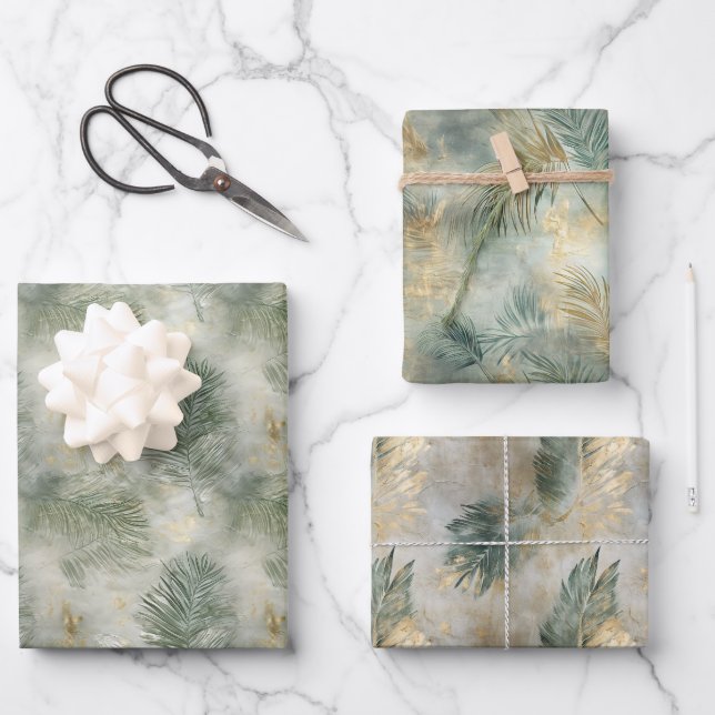 Green Gold White Tropical Leaves Wrapping Paper Sheets (Front)