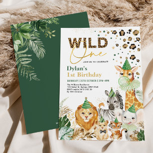 Green Gold Wild One Safari Party Animals Birthday Invitation