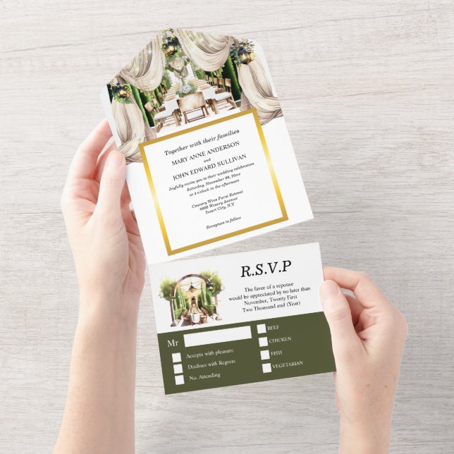 Green gold winery Tuscan vineyard al fresco table All In One Invitation (Tearaway)