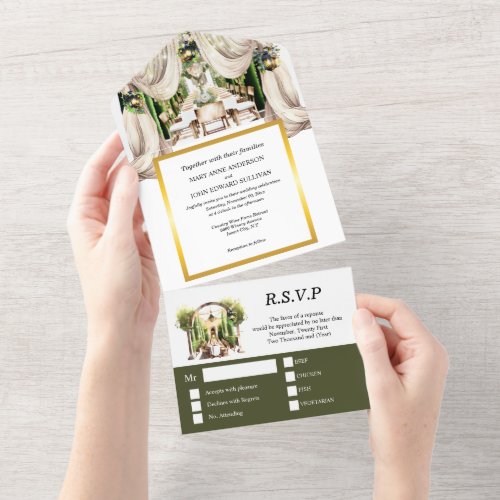 Green gold winery Tuscan vineyard al fresco table All In One Invitation