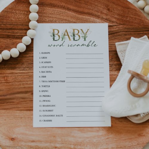 Green  Gold Word Scramble Baby Shower Game Card