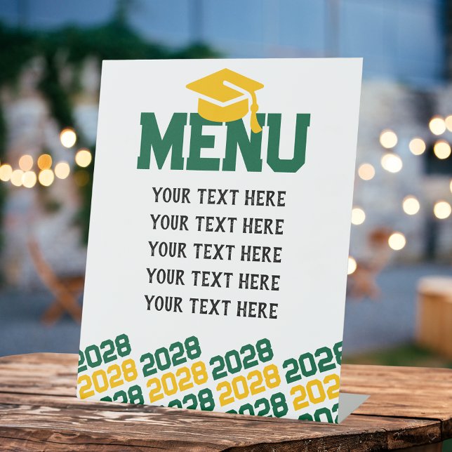 Green & Gold Yellow Graduation Menu Party Pedestal Sign (Green and Yellow Gold Graduation Class Year Custom Menu Party Pedestal Sign)