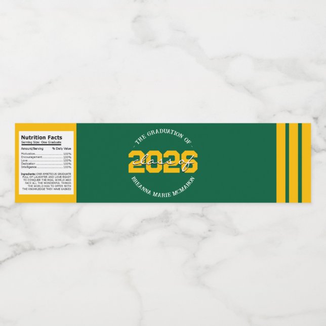 Green & Gold Yellow Graduation Water Bottle Labels (Single Label)