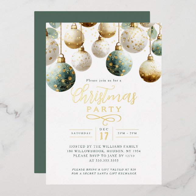 Green Golden Baubles Christmas Party  Foil Invitation (Front/Back)