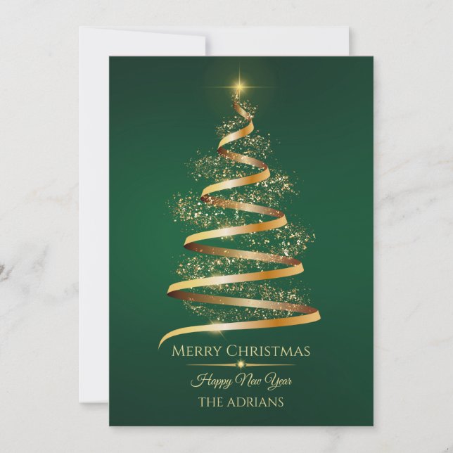 Green golden Christmas Tree with sparkle light  Holiday Card (Front)
